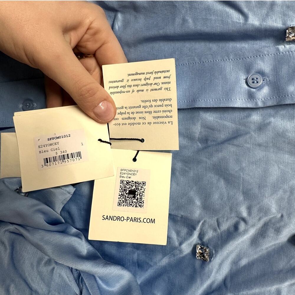 Sandro Paris Satiny Rhinestone Shirt in Sky Blue Size S - Picture 8 of 15